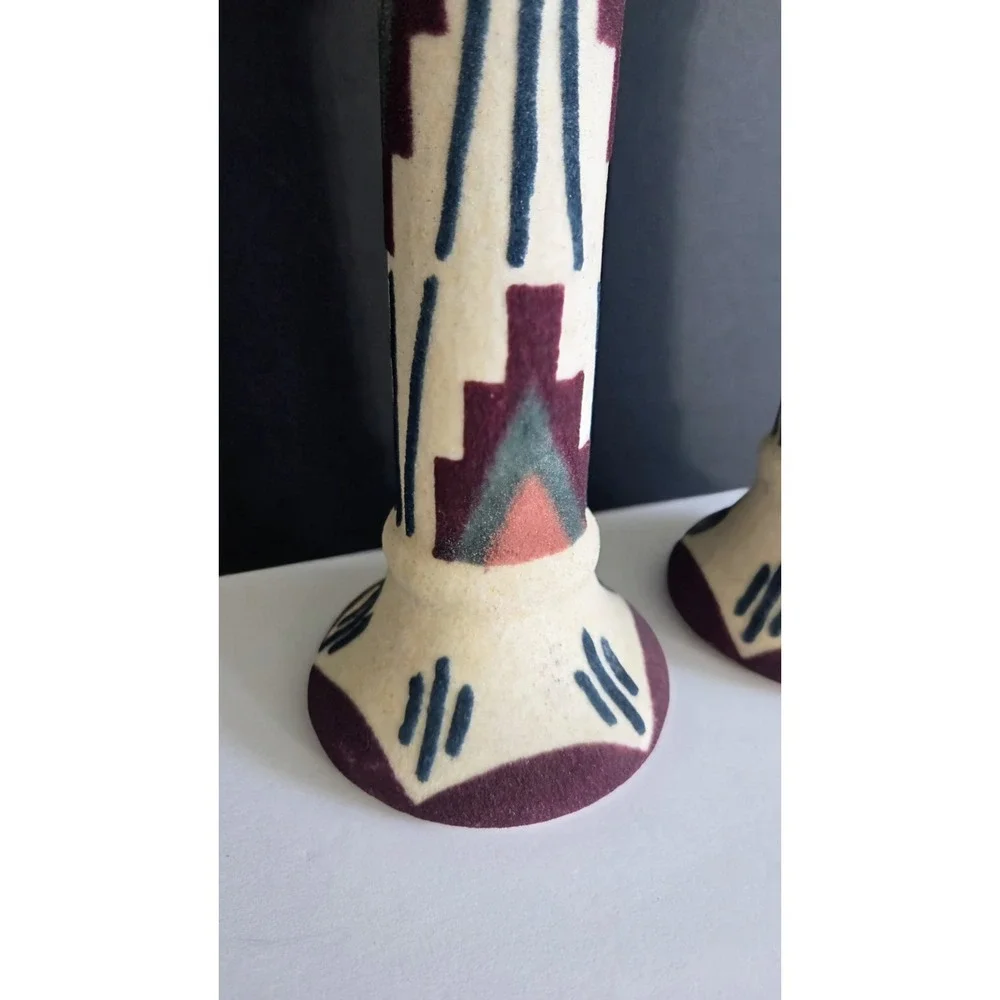 Southwestern‎ Geometric Tribal Sand Art Painted Candlestick Candle Holder Pair